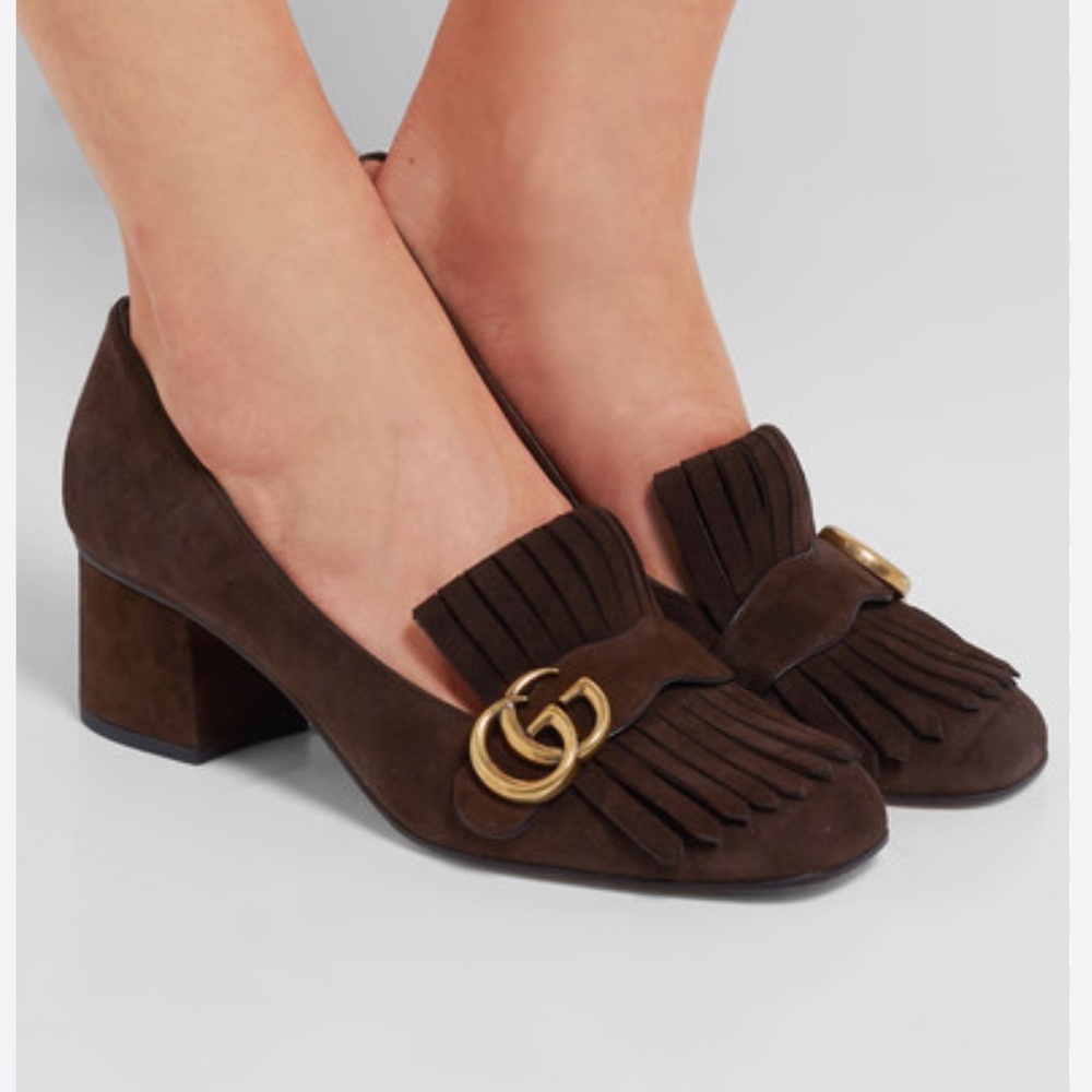 New Gucci Marmont Fringe Brown Suede Heels